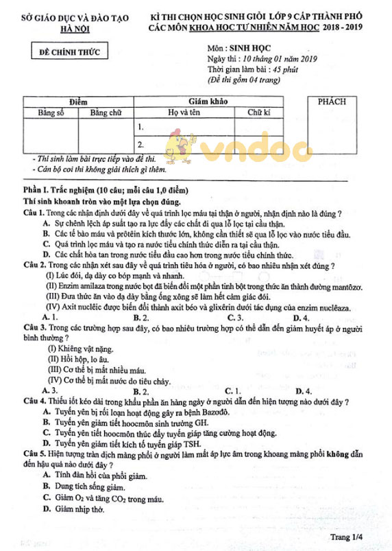 Đề thi chọn học sinh giỏi cấp thành phố lớp 9 Sinh học các môn Khoa học tự nhiên Sở GD&ĐT Hà Nội năm học 2018 - 2019