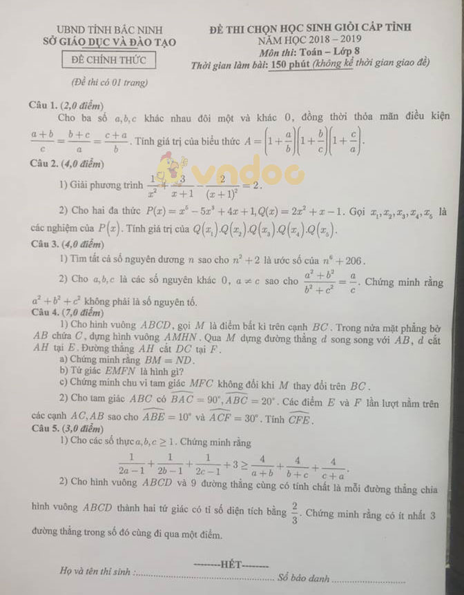 Đề thi chọn học sinh giỏi cấp tỉnh lớp 8 môn Toán Sở GD&ĐT Bắc Ninh năm học 2018 - 2019