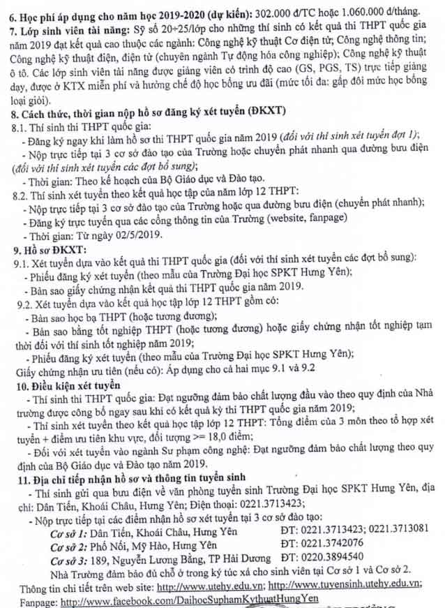 Phương án tuyển sinh của trường Đại học Sư phạm Kỹ thuật Hưng Yên