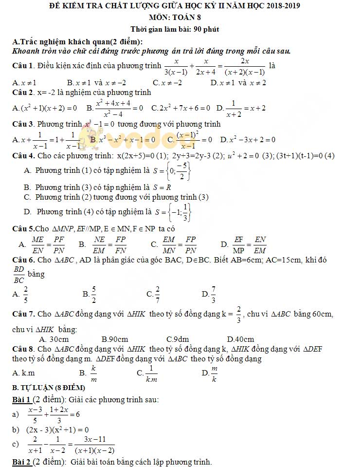 Đề thi giữa học kì 2 lớp 8 môn Toán năm học 2018 - 2019
