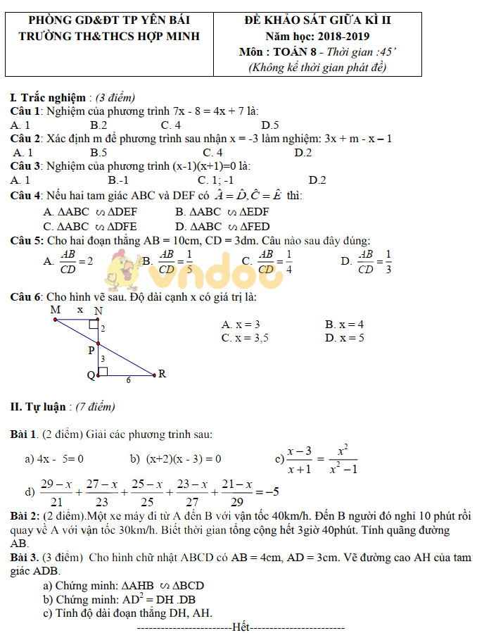 Đề thi giữa học kì 2 lớp 8 môn Toán trường TH&THCS Hợp Minh, Yên Bái năm học 2018 - 2019