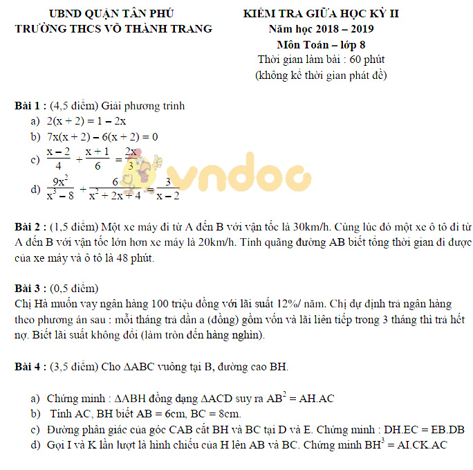 Đề thi giữa học kì 2 lớp 8 môn Toán trường THCS Võ Thành Trang, Tân Phú năm học 2018 - 2019