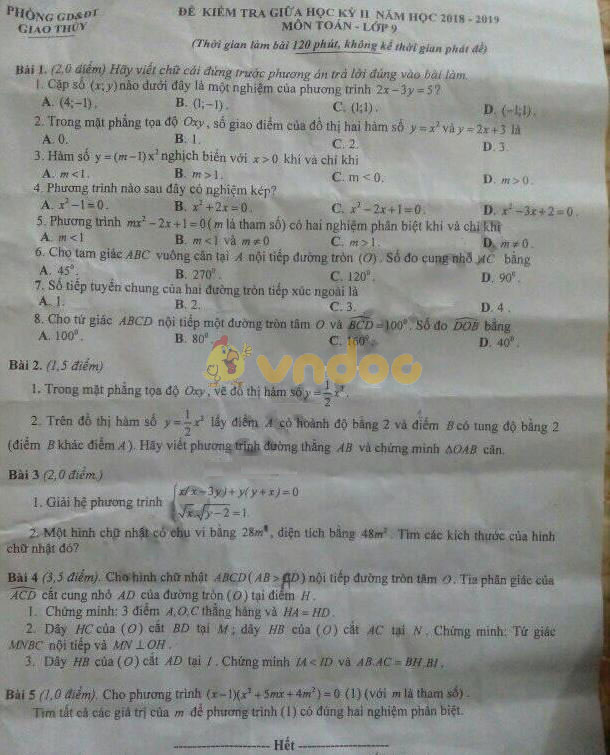 Đề thi giữa học kì 2 lớp 9 môn Toán trường Phòng GD&ĐT Giao Thủy năm học 2018 - 2019