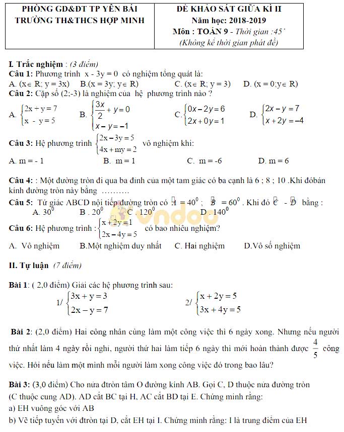 Đề thi giữa học kì 2 lớp 9 môn Toán trường THCS Hợp Minh, Yên Bái năm học 2018 - 2019