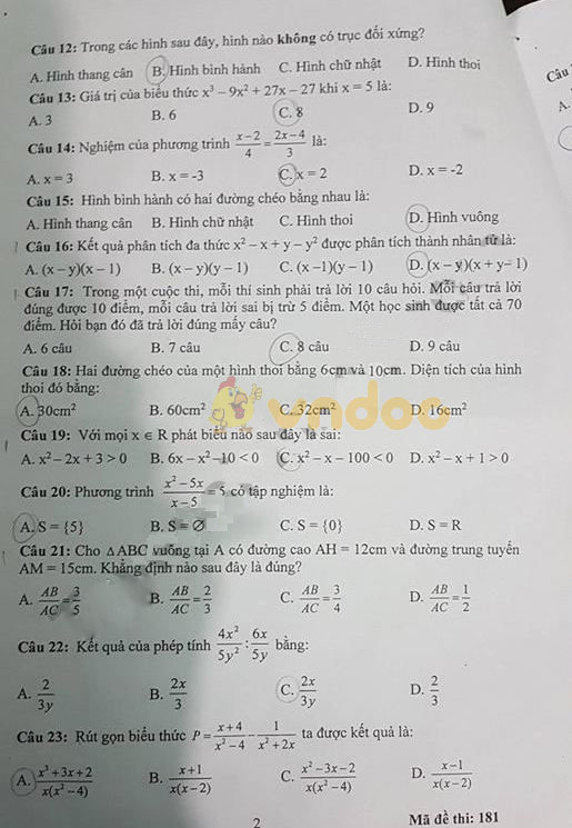 Đề thi KSCL lớp 8 môn Toán Phòng GD&ĐT Vĩnh Tường năm học 2018 - 2019