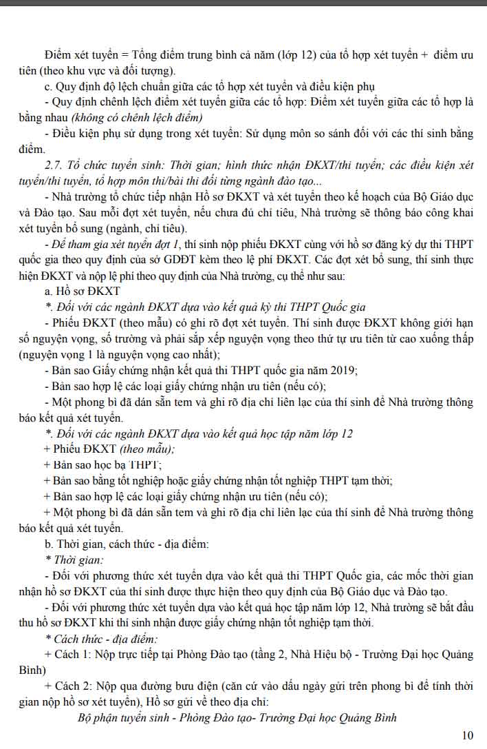 Phương án tuyển sinh của trường Đại học Quảng Bình