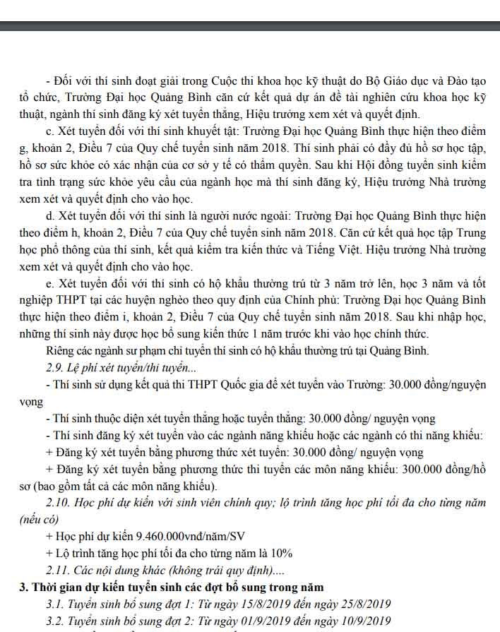 Phương án tuyển sinh của trường Đại học Quảng Bình