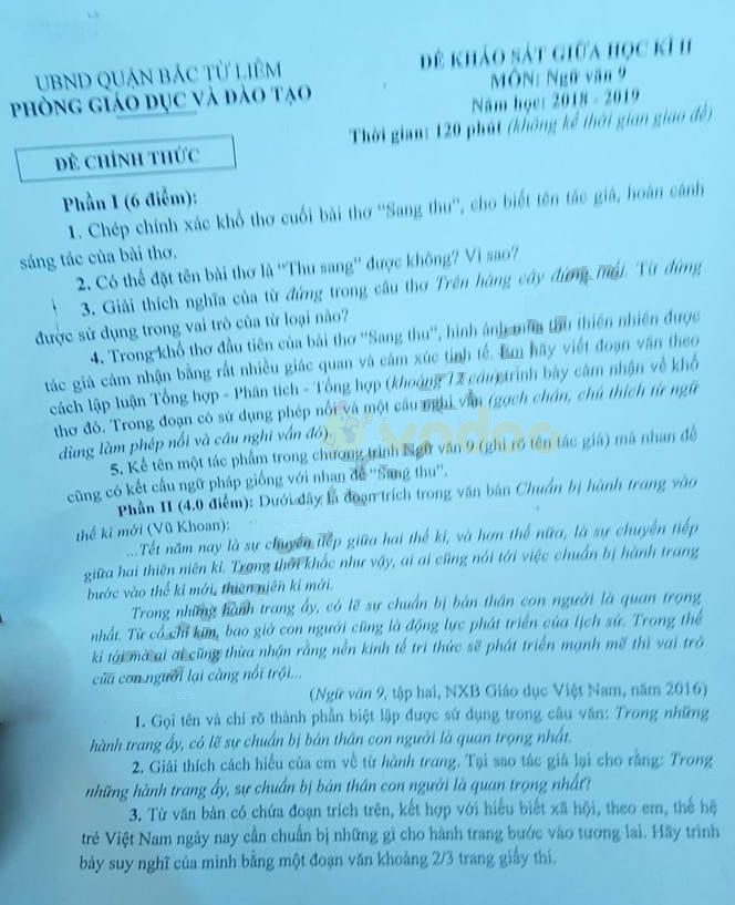 Đề thi giữa học kì 2 lớp 9 môn Ngữ văn Phòng GD&ĐT quận Bắc Từ Liêm năm học 2018 - 2019