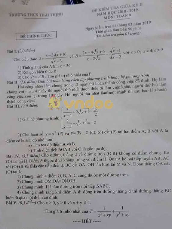 Đề thi giữa học kì 2 lớp 9 môn Toán trường THCS Thái Thịnh năm học 2018 - 2019