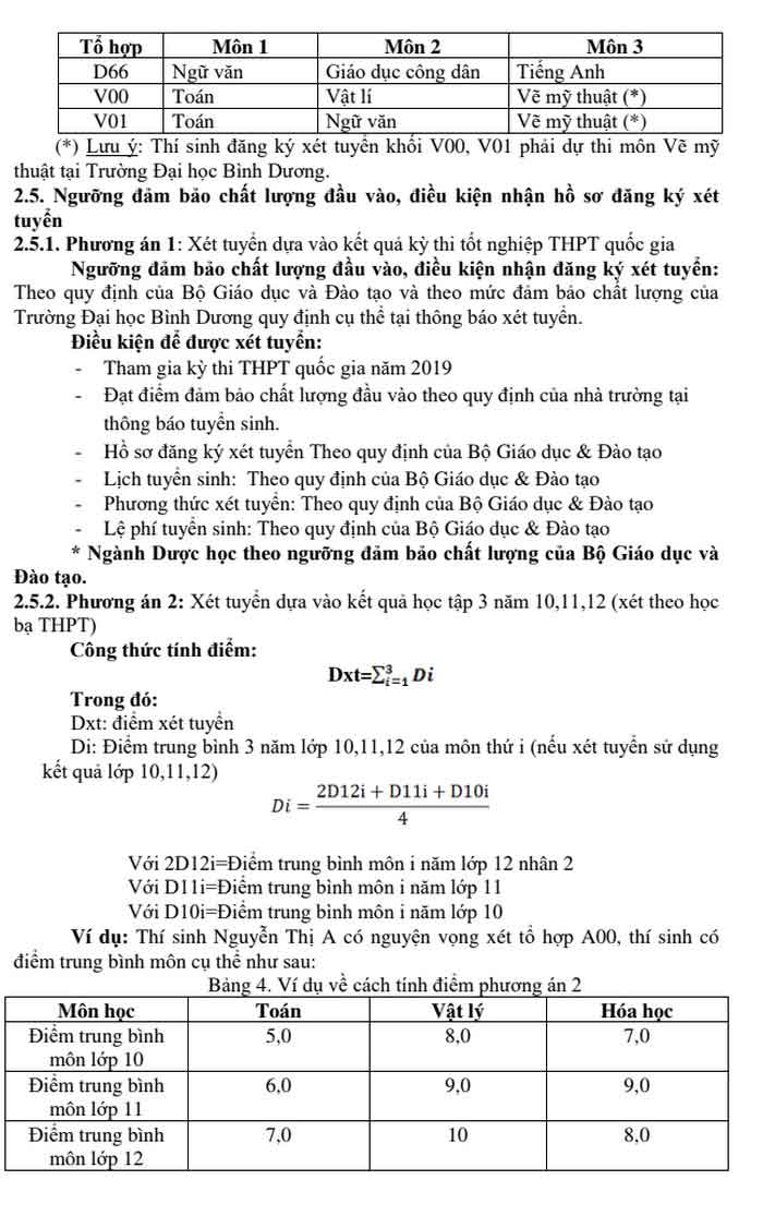 Phương án tuyển sinh của trường Đại học Bình Dương