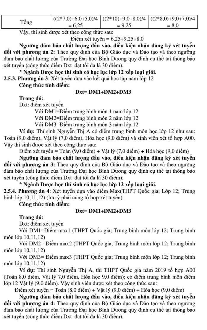 Phương án tuyển sinh của trường Đại học Bình Dương