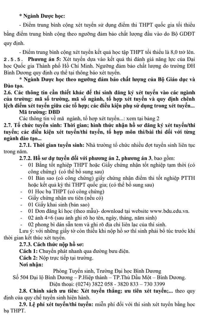 Phương án tuyển sinh của trường Đại học Bình Dương