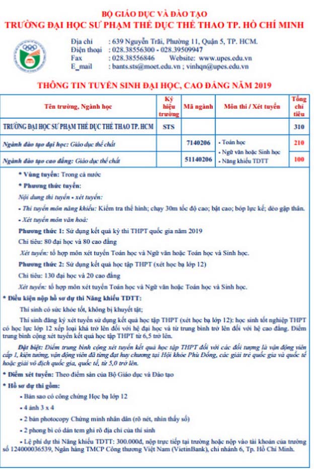 Phương án tuyển sinh của trường Đại học Sư phạm Thể dục Thể thao TP HCM