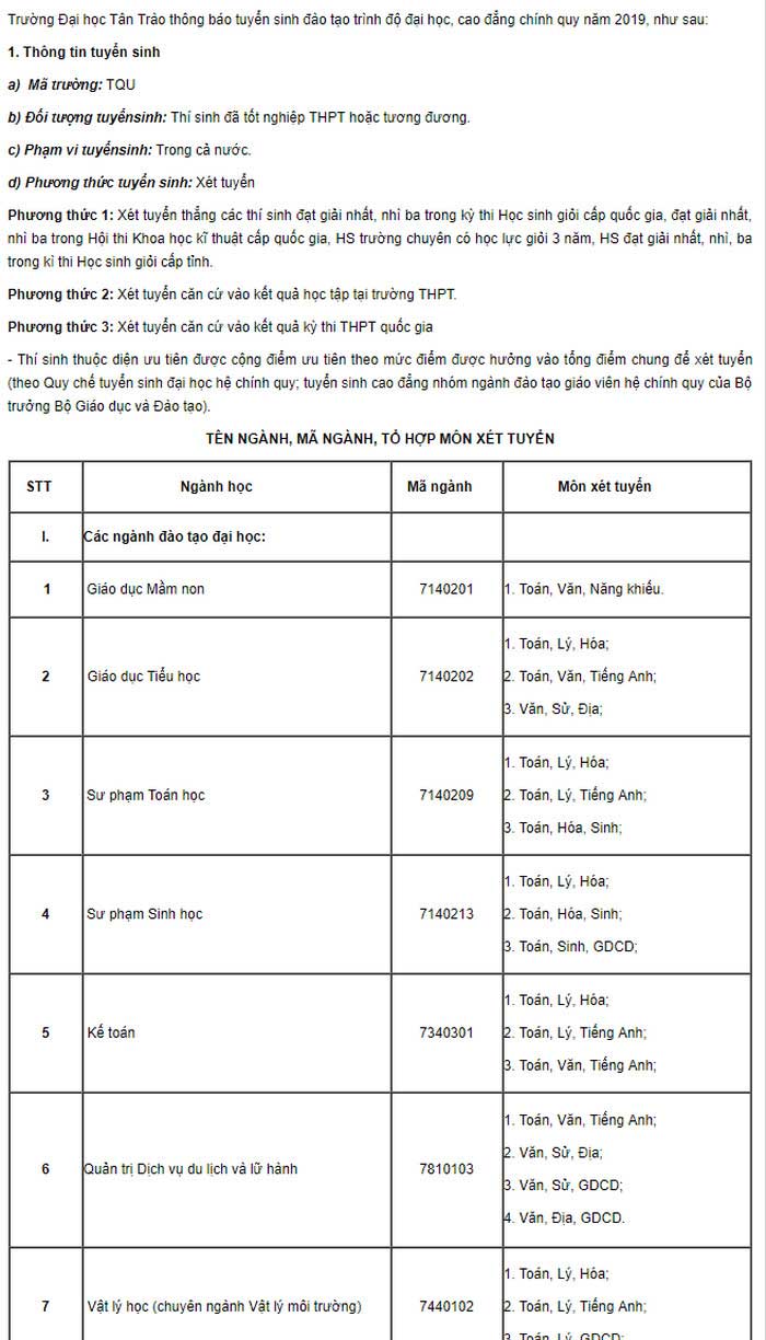 Phương án tuyển sinh của trường Đại học Tân Trào
