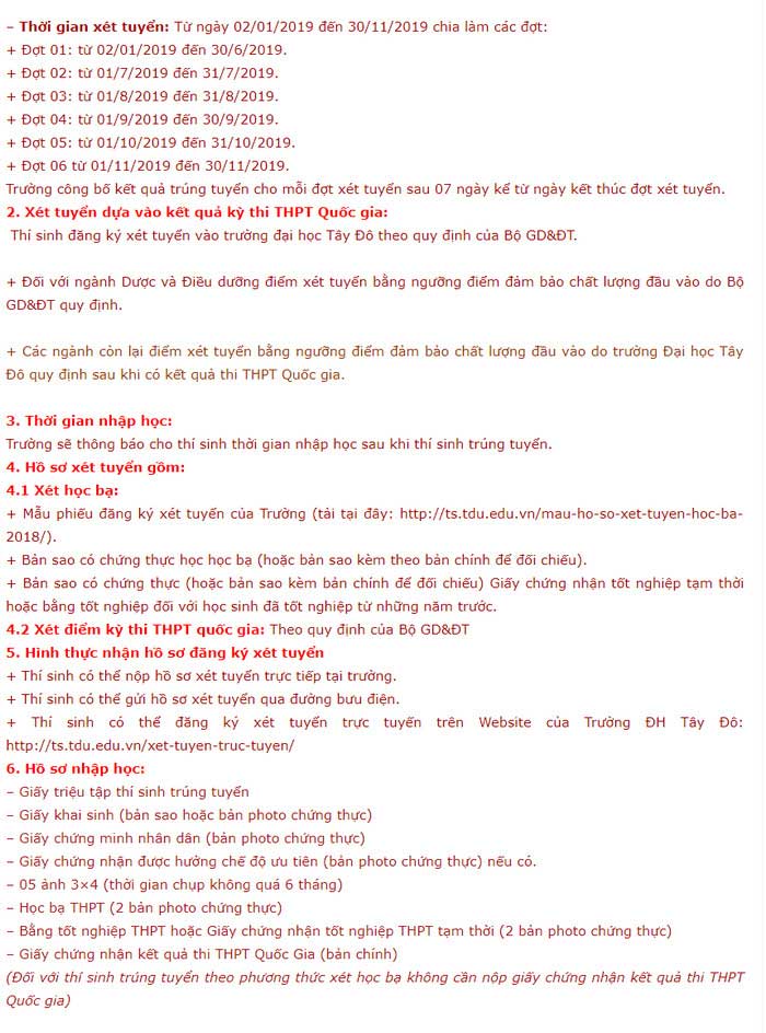 Phương án tuyển sinh của trường Đại học Tây Đô