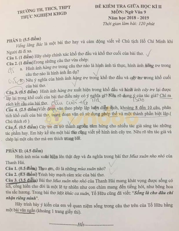 Đề thi giữa học kì 2 lớp 9 môn Ngữ văn trường TH, THCS, THPT Thực Nghiệm KHGD năm học 2018 - 2019