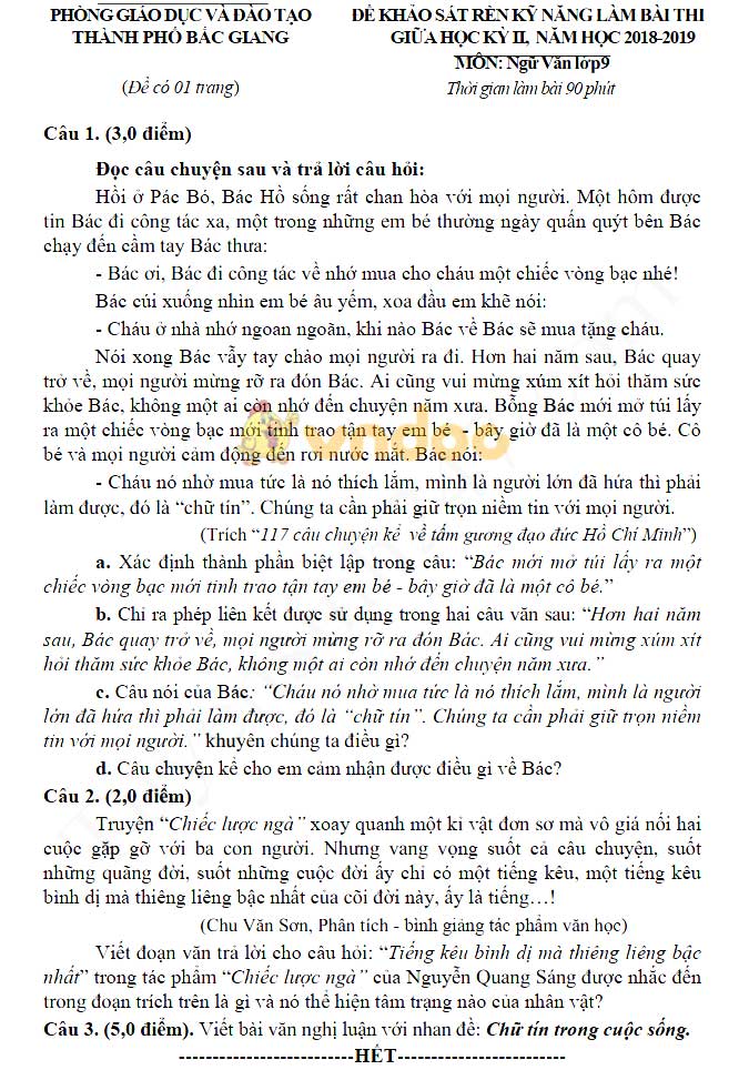 Đề thi giữa học kì 2 lớp 9 môn Ngữ văn Phòng TP Bắc Giang năm học 2018 - 2019