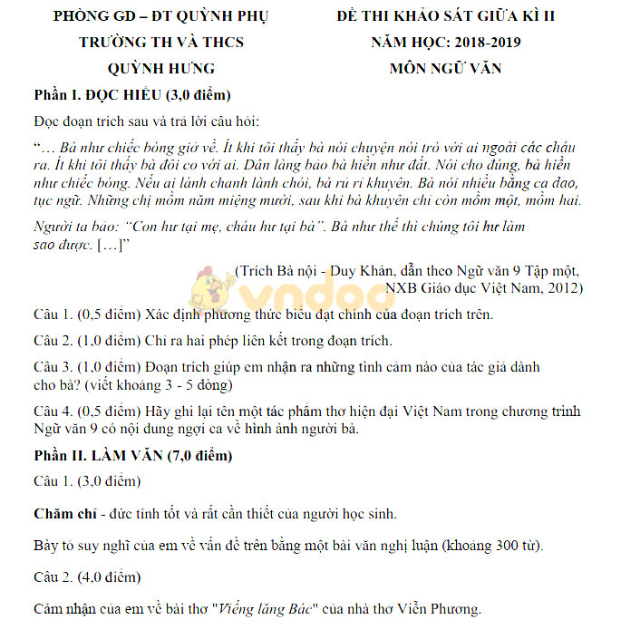 Đề thi giữa học kì 2 lớp 9 môn Ngữ văn trường TH và THCS Quỳnh Hưng, Quỳnh Phụ năm học 2018 - 2019