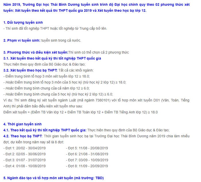 Phương án tuyển sinh của trường Đại học Thái Bình Dương
