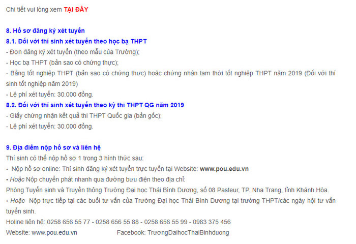 Phương án tuyển sinh của trường Đại học Thái Bình Dương