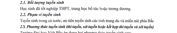 Phương án tuyển sinh của trường Đại học Việt Bắc