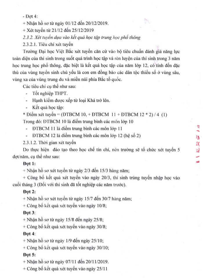 Phương án tuyển sinh của trường Đại học Việt Bắc