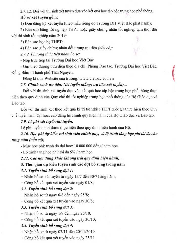 Phương án tuyển sinh của trường Đại học Việt Bắc