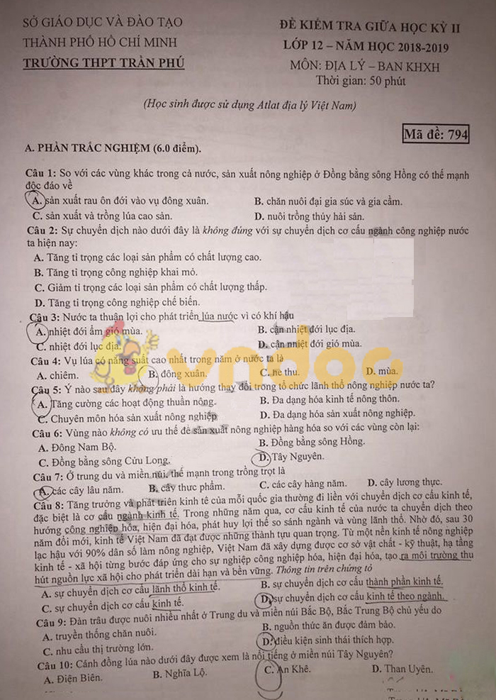 Đề thi giữa học kì 2 lớp 12 môn Địa lý năm 2018 - 2019 