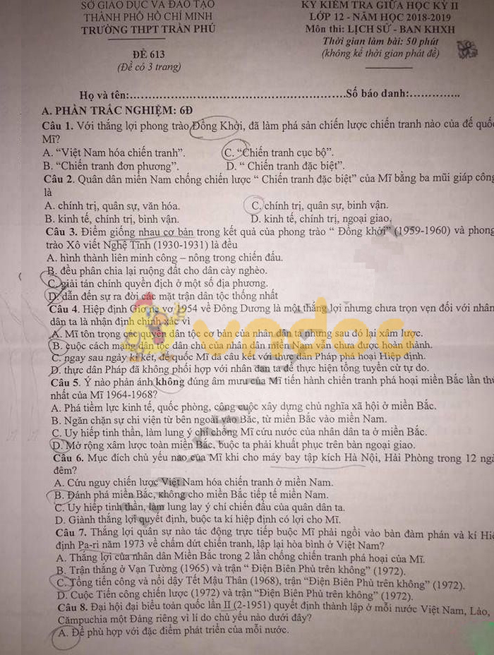 Đề thi giữa học kì 2 lớp 12 môn Lịch sử năm 2018 - 2019