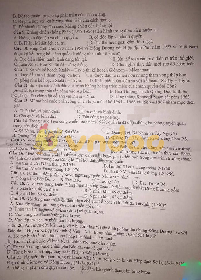 Đề thi giữa học kì 2 lớp 12 môn Lịch sử năm 2018 - 2019