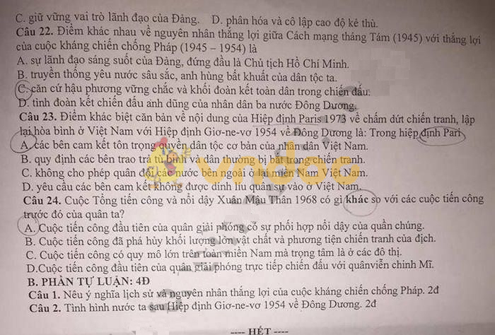 Đề thi giữa học kì 2 lớp 12 môn Lịch sử năm 2018 - 2019