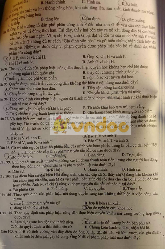 Đề thi thử THPT Quốc gia môn GDCD năm 2019 Sở GD&ĐT Hà Nội