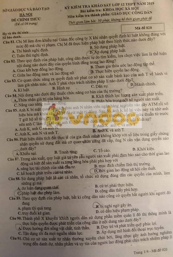 Đề thi thử THPT Quốc gia môn GDCD năm 2019 Sở GD&ĐT Hà Nội