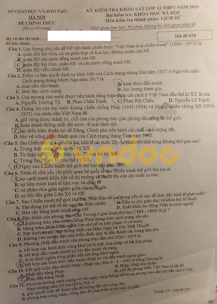 Đề thi thử THPT Quốc gia môn Lịch sử năm 2019 Sở GD&ĐT Hà Nội