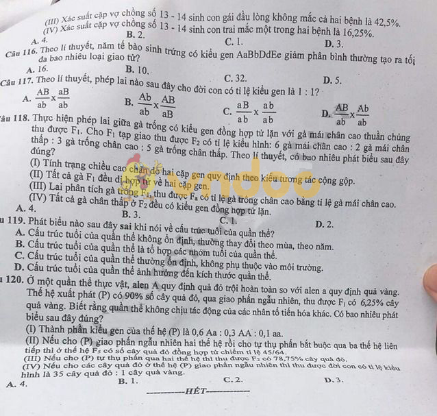 Đề thi thử THPT Quốc gia môn Sinh học năm 2019 Sở GD&ĐT Hà Nội