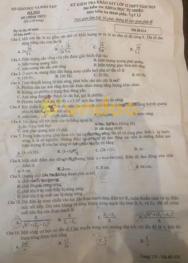 Đề thi thử THPT Quốc gia môn Vật lý năm 2019 Sở GD&ĐT Hà Nội