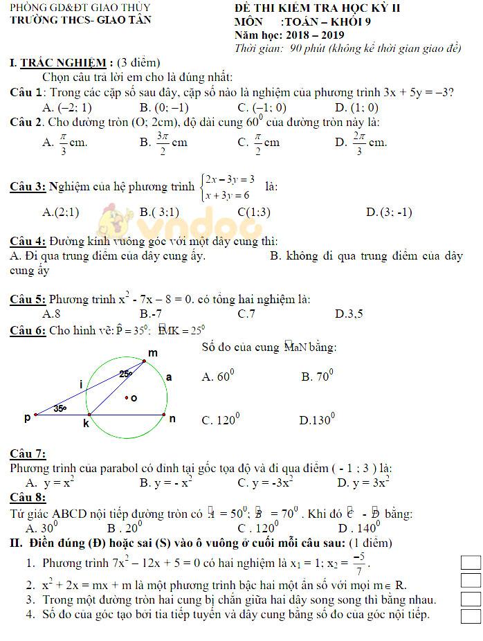 Đề thi giữa học kì 2 lớp 9 môn Toán trường THCS Giao Tân, Giao Thủy năm học 2018 - 2019