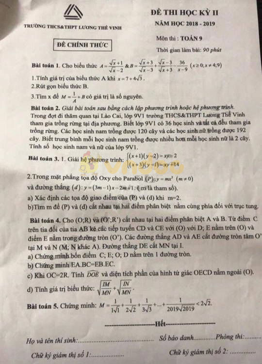 Đề thi học kì 2 lớp 9 môn Toán trường THCS&THPT Lương Thế Vinh năm 2018 - 2019