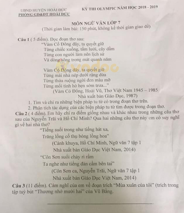 Đề thi Olympic môn Ngữ văn lớp 7 Phòng GD&ĐT Hoài Đức năm học 2018 - 2019