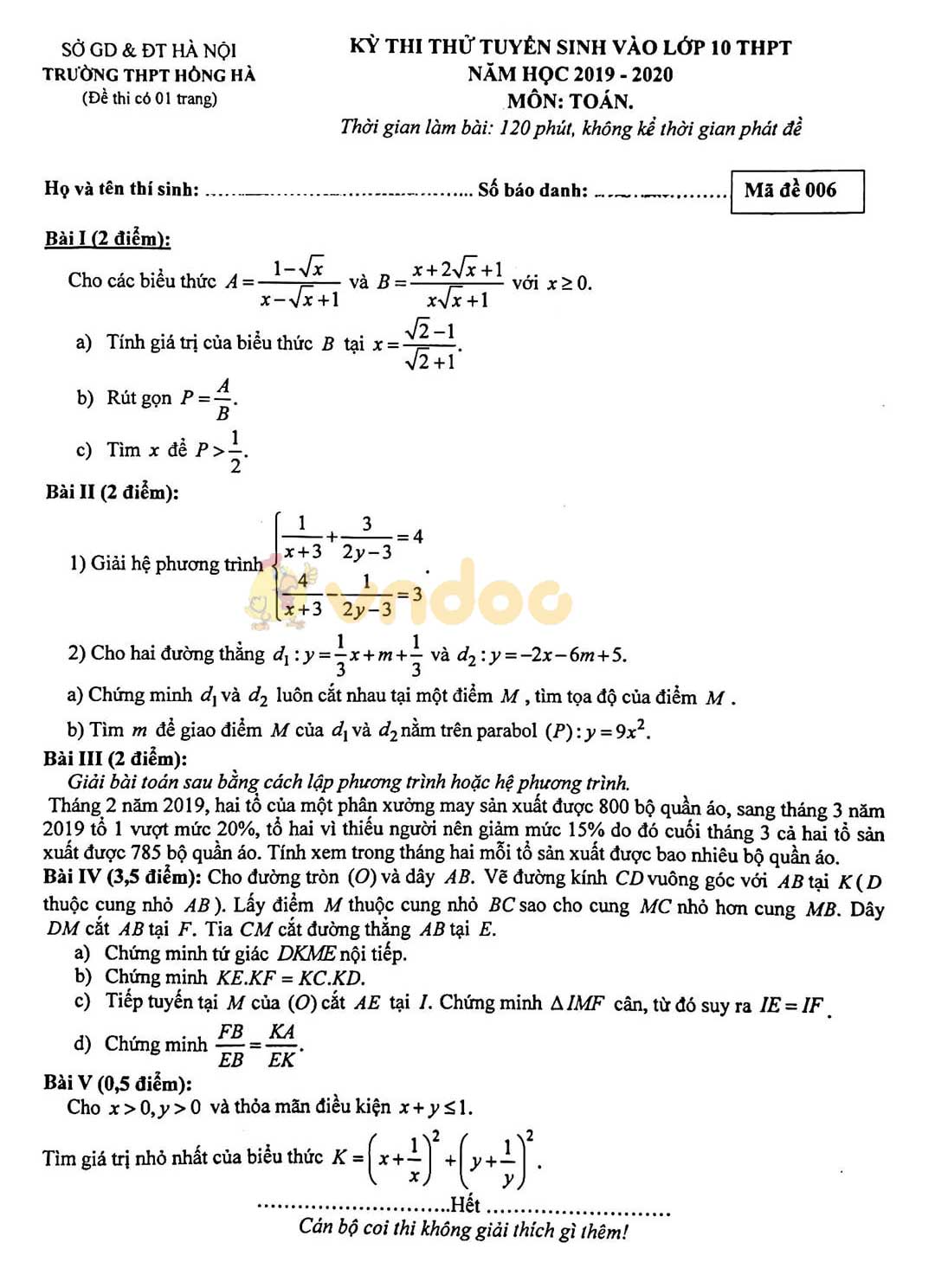 Đề thi thử vào lớp 10 môn Toán trường THPT Hồng Hà, Hà Nội năm học 2019 - 2020