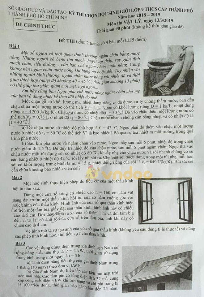 Đề thi chọn học sinh giỏi cấp thành phố lớp 9 môn Vật lý Sở GD&ĐT Thành Phố Hồ Chí Minh năm học 2018 - 2019