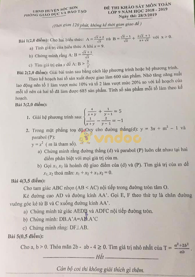 Đề thi khảo sát lớp 9 môn Toán Sở GD&ĐT huyện Sóc Sơn năm học 2018 - 2019