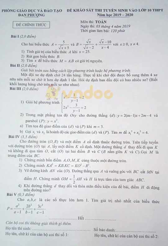 Đề thi khảo sát vào lớp 10 môn Toán Phòng GD&ĐT Đan Phượng năm học 2019 - 2020