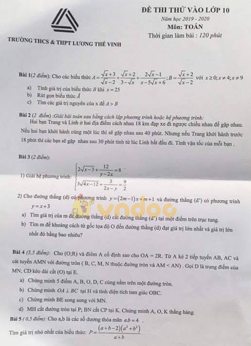 Đề thi thử vào lớp 10 môn Toán trường THCS&THPT Lương Thế Vinh năm học 2019 - 2020