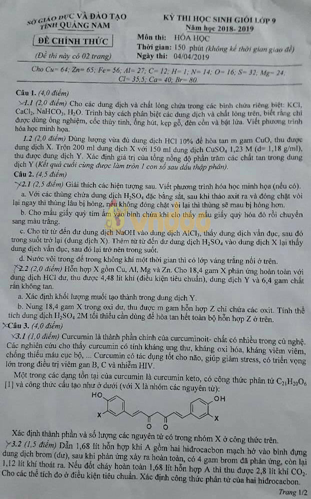Đề thi chọn học sinh giỏi lớp 9 môn Hóa học Sở GD&ĐT Quảng Ngãi năm học 2018 - 2019