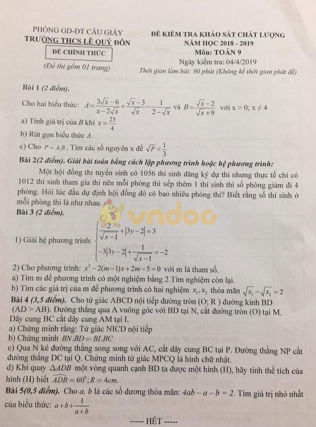 Đề thi KSCL lớp 9 môn Toán trường THCS Lê Quý Đôn, Cầu Giấy năm học 2018 - 2019