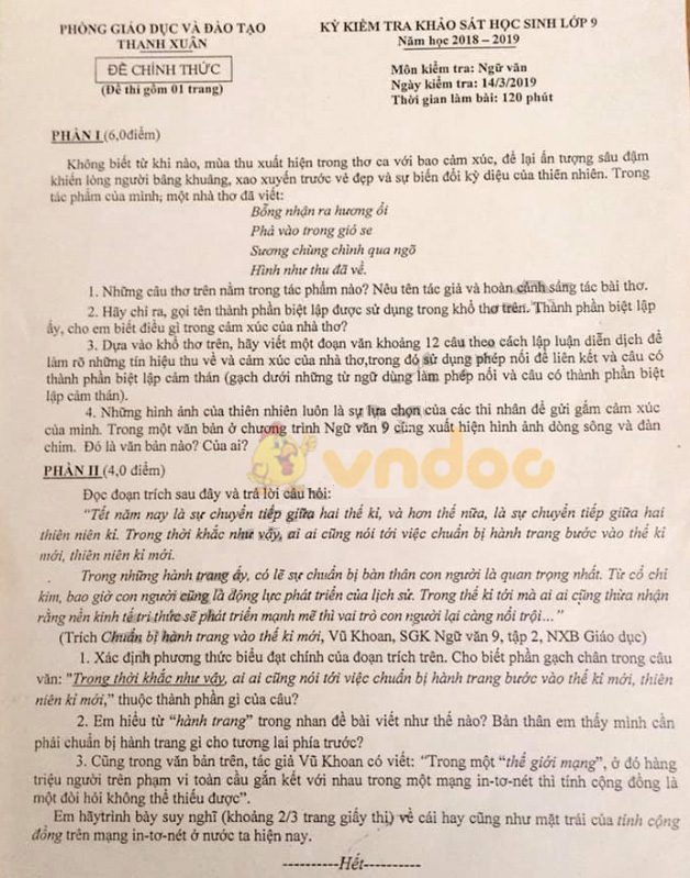 Đề thi thử vào lớp 10 môn Ngữ văn Phòng GD&ĐT Thành Xuân năm học 2018 - 2019