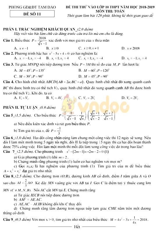 Đề thi thử vào lớp 10 môn Toán Phòng GD&ĐT Tam Đảo năm học 2018 - 2019 (đề số 11)