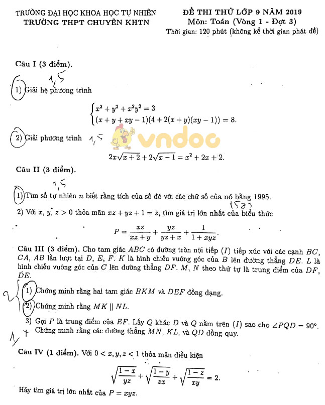 Đề thi thử vào lớp 10 môn Toán trường THPT Chuyên KHTN năm học 2019 - 2020 (Đợt 3)