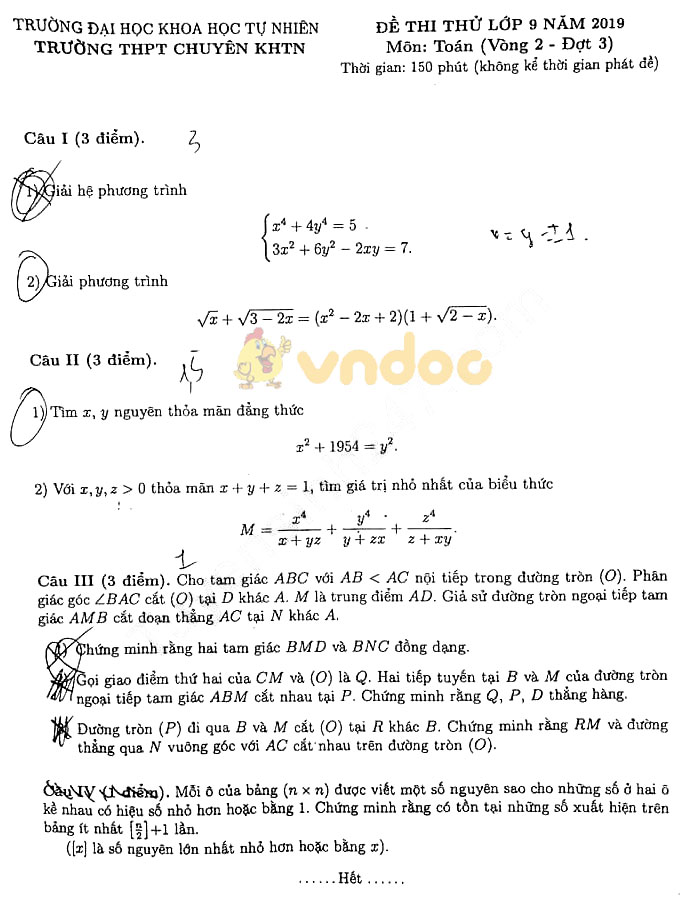 Đề thi thử vào lớp 10 môn Toán trường THPT Chuyên KHTN năm học 2019 - 2020 (Đợt 3)